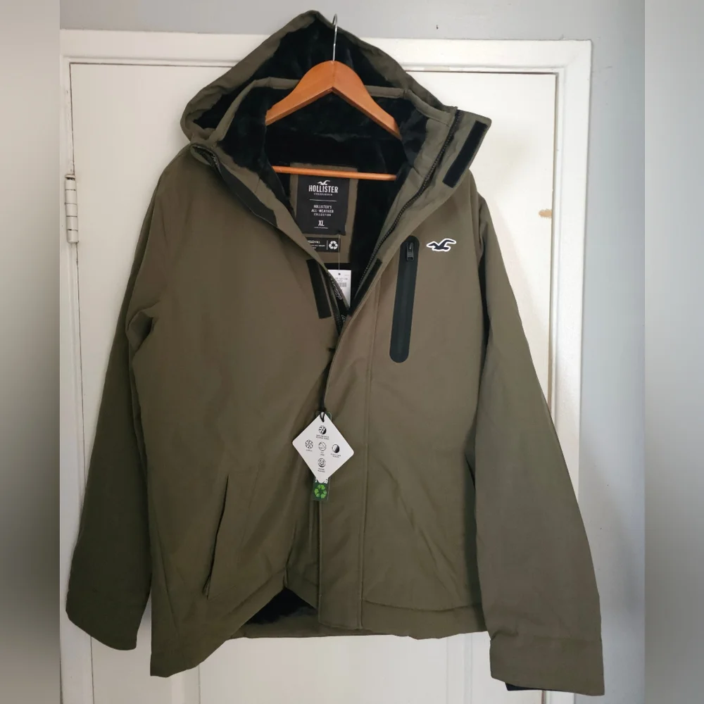 Men's Hollister Jacket Green Army XL All Weather Faux Fur Lining